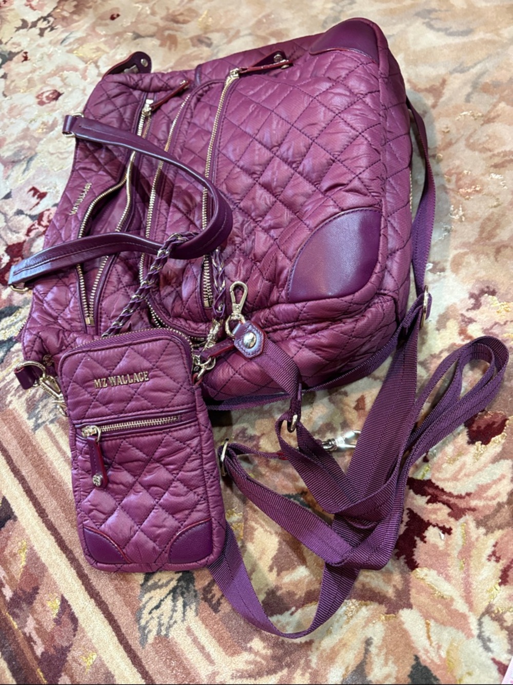 MZ Wallace Quilted Plum Backpack with Detachable Phone Pouch